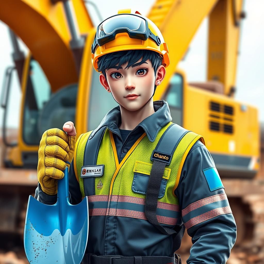 Anime Construction Worker with Excavator in 3D Style