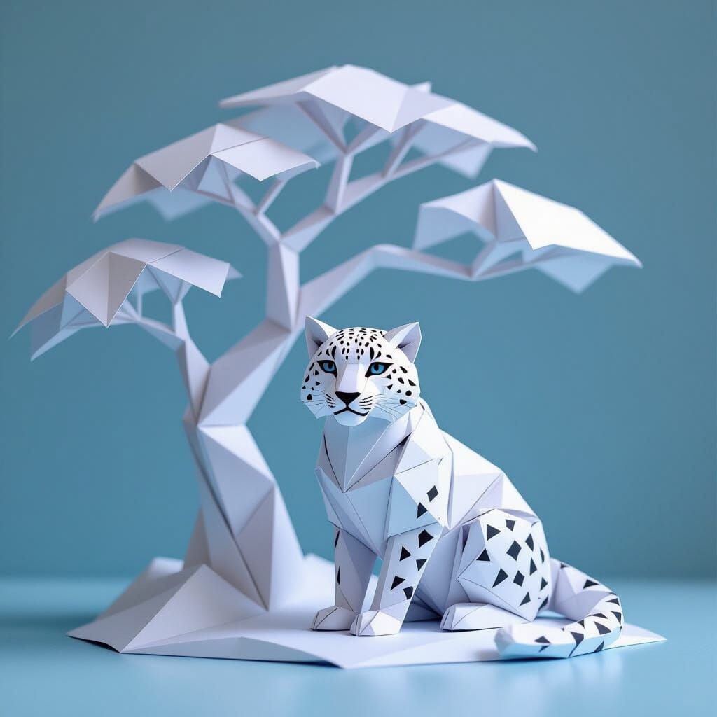 Elegant Origami Snow Leopard Under Paper Tree