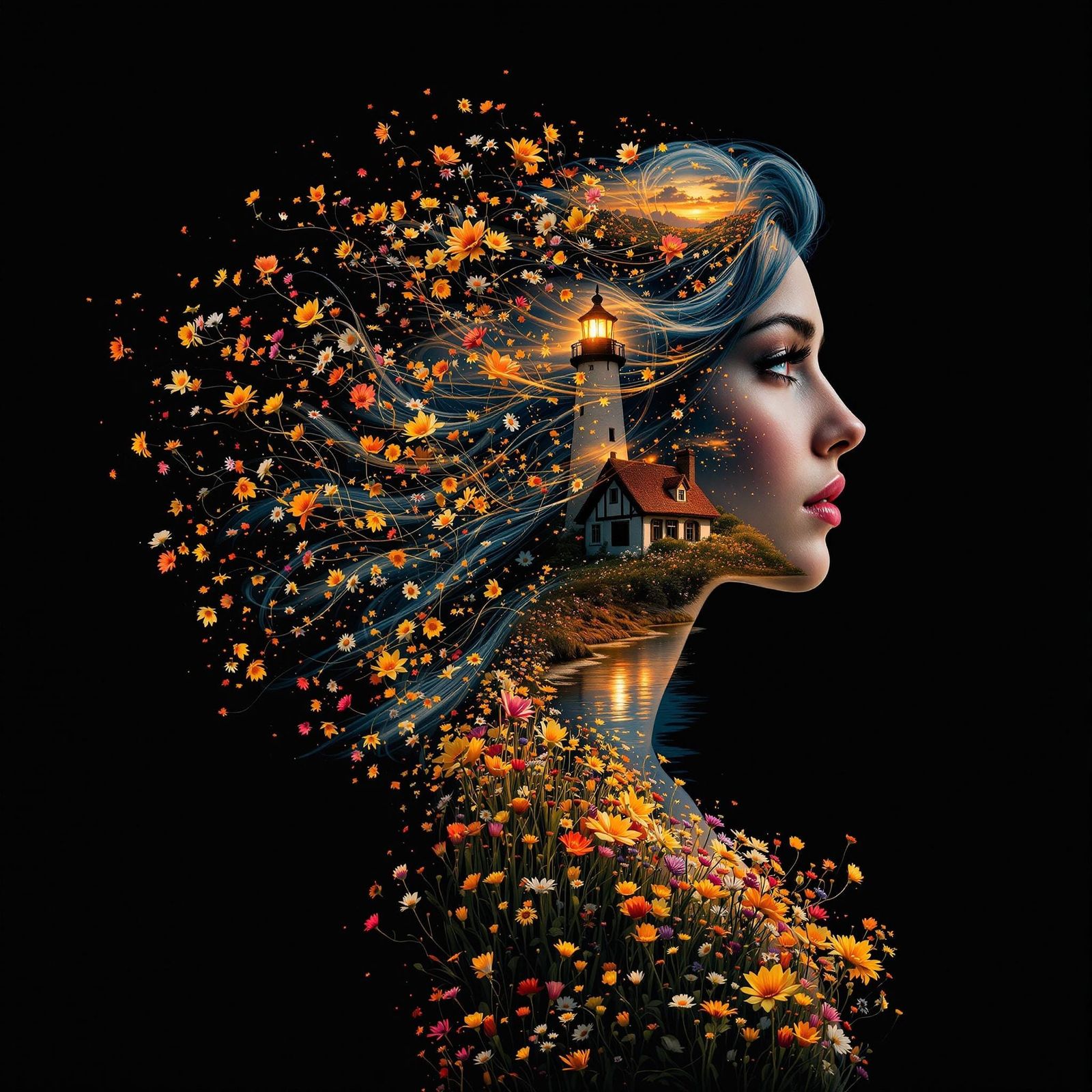 Wildflower Woman Double Exposure with Lighthouse