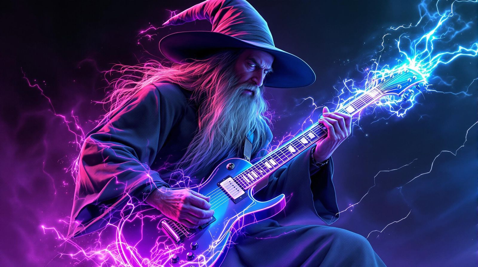 Epic Rock Wizard Plays Guitar Amidst Stormy Night