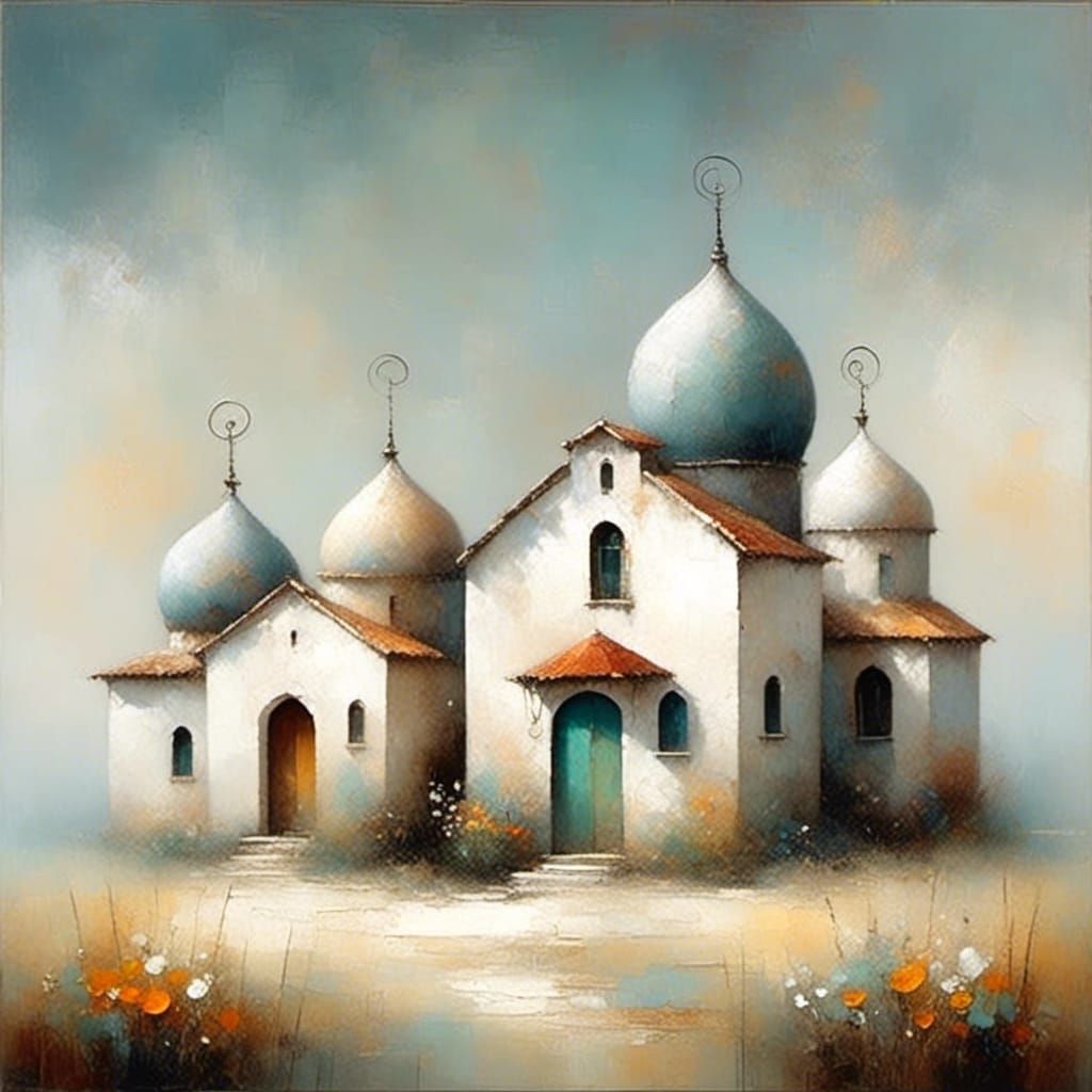 Mediterranean Houses in Foggy Meadow, Whimsical Style