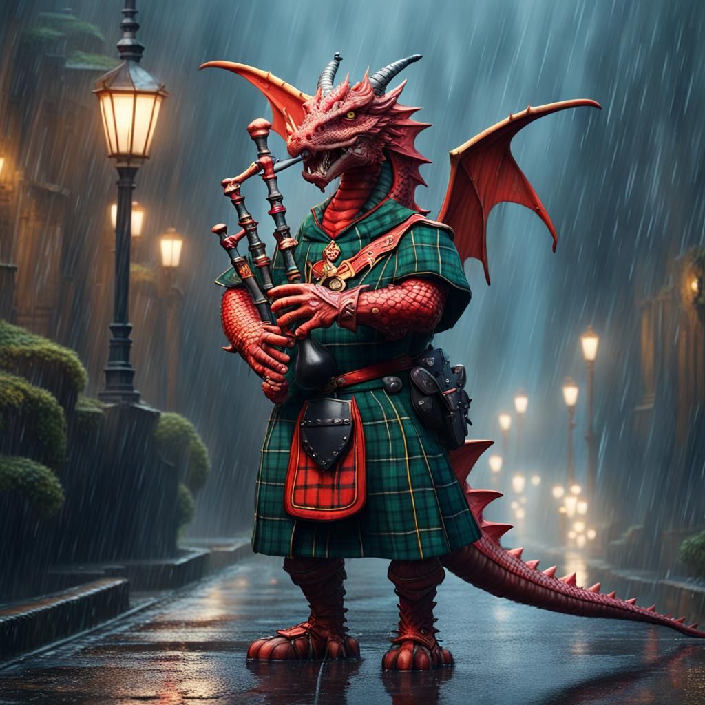 Plaid Dragon Plays Bagpipes: Detailed Matte Painting