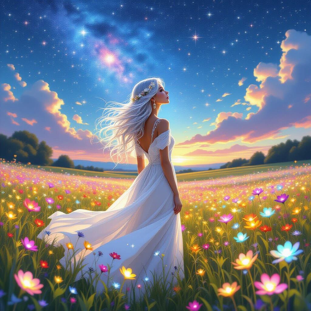 Bioluminescent Beauty in Starry Field, Art Nouveau Style