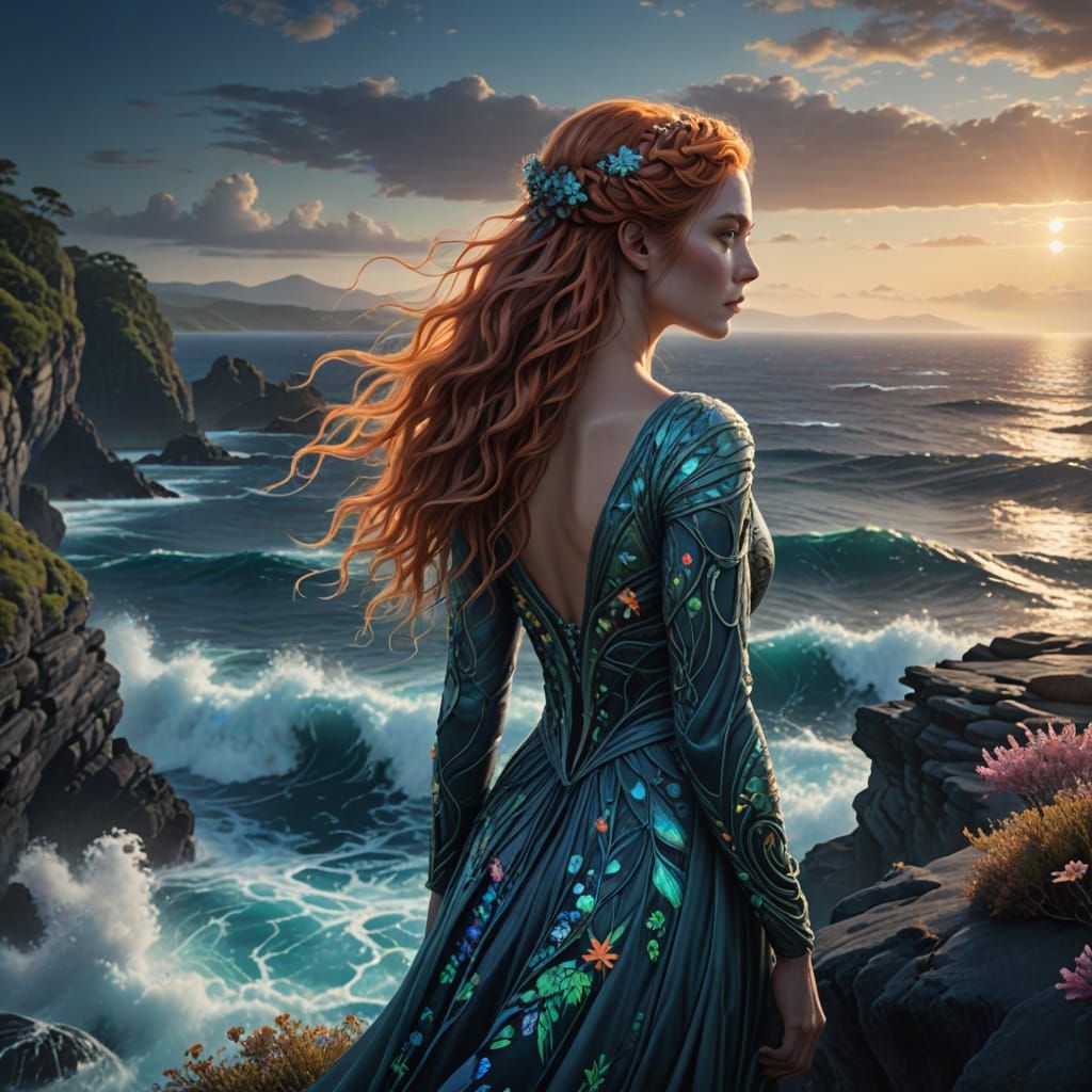 Woman Overlooking Alien Ocean with Bioluminescent Flora
