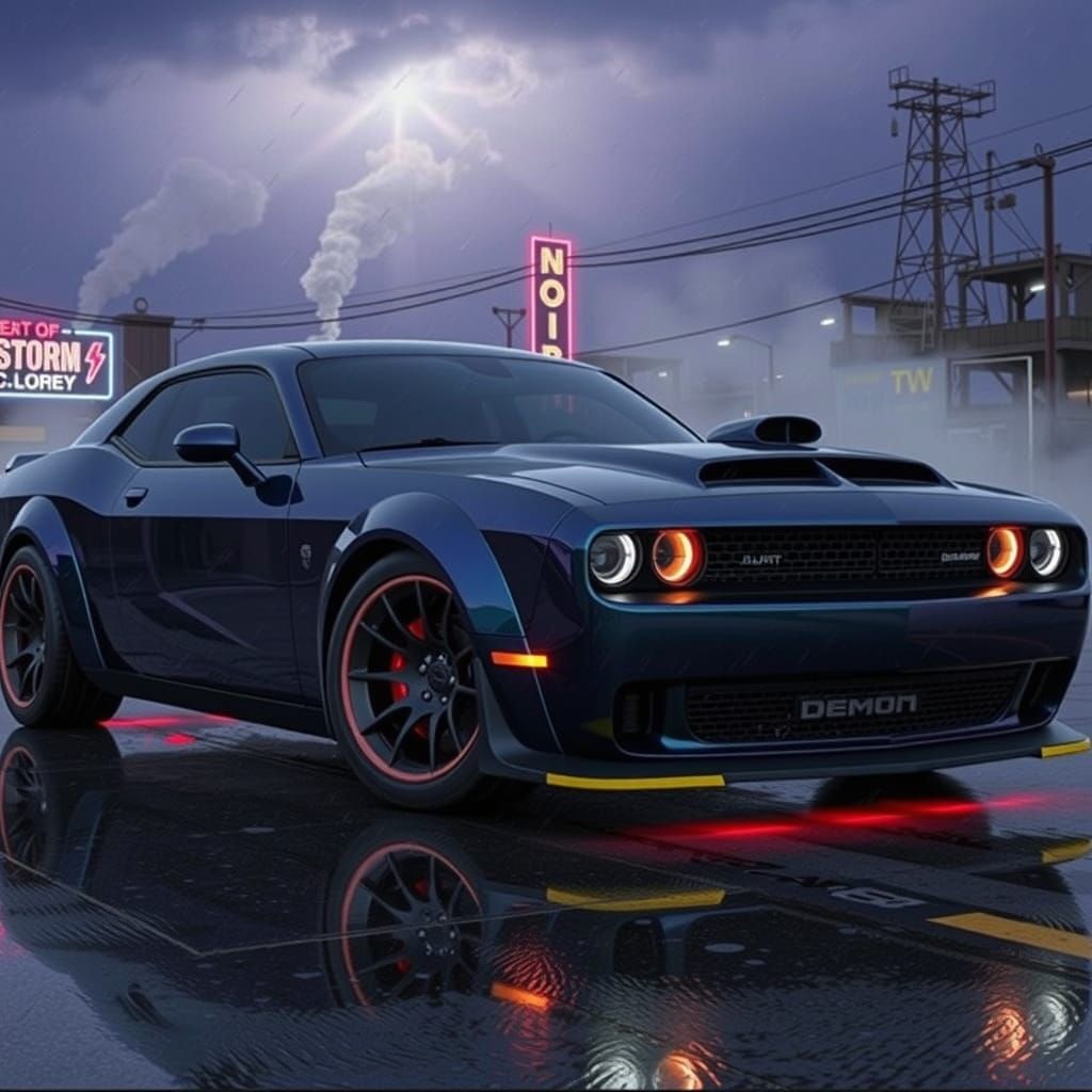 Dodge Challenger SRT Demon in Cyberpunk Cityscape