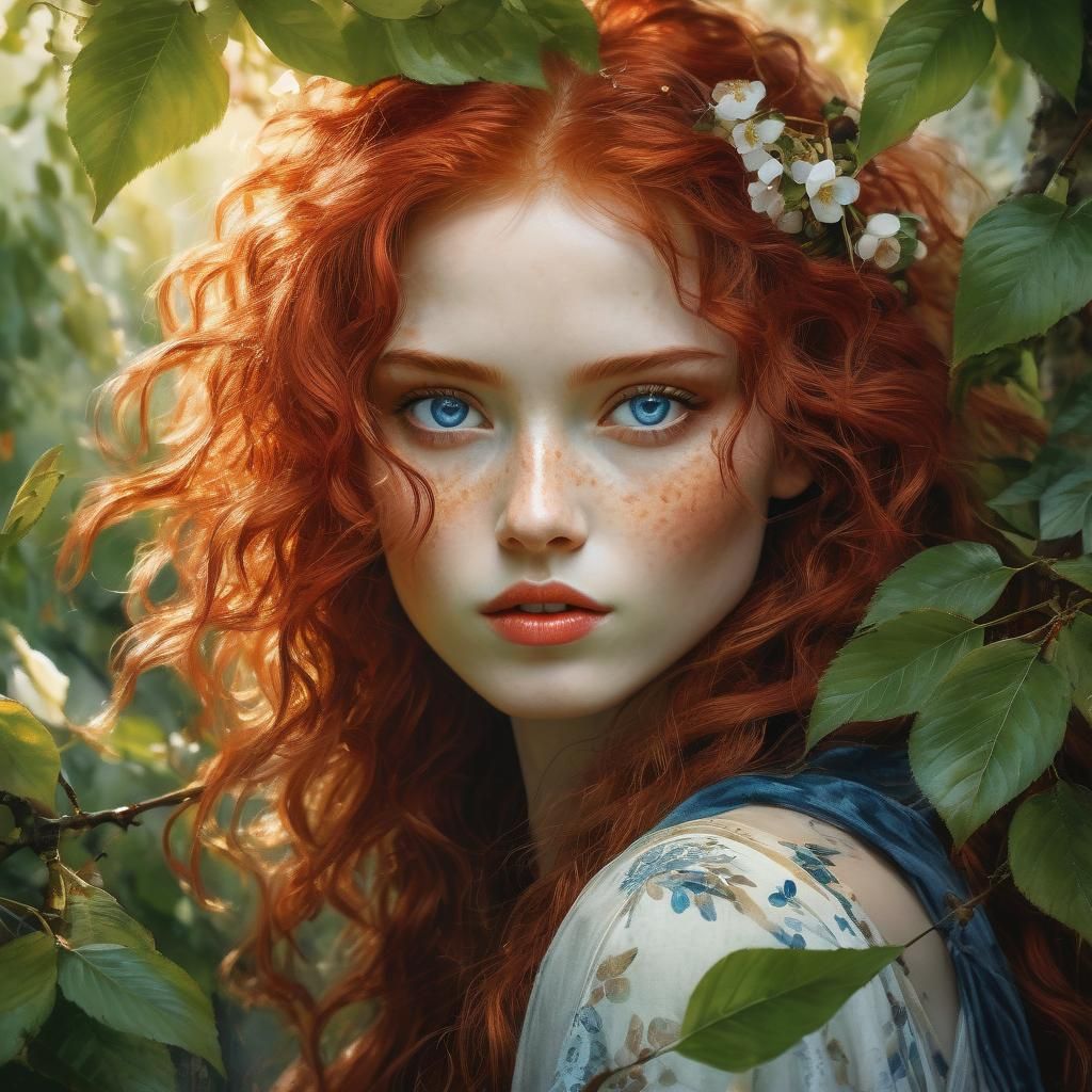 Redhead with Cherries in Watercolor Style