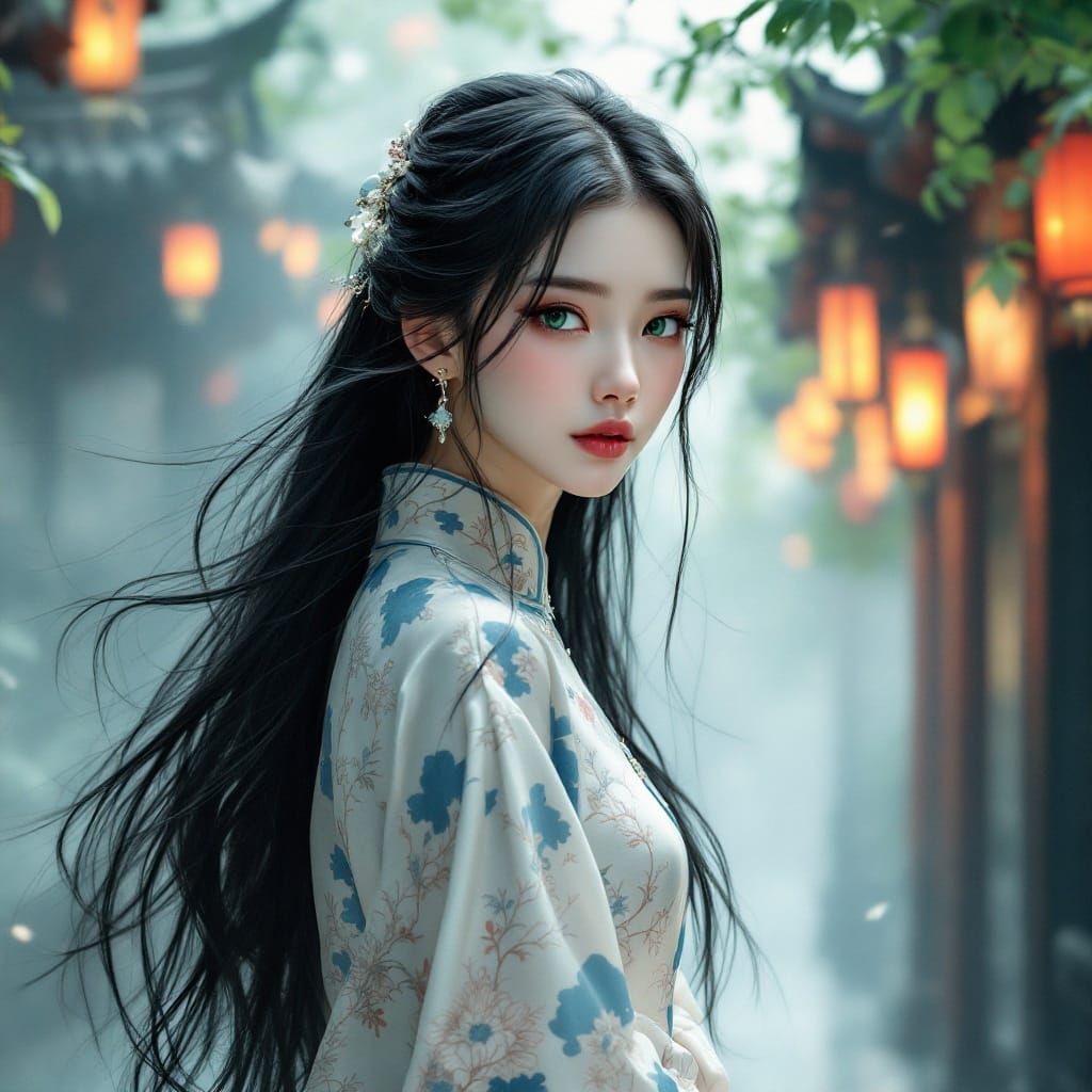 Ethereal Chinese Goddess Strolls Down a Dreamlike Street