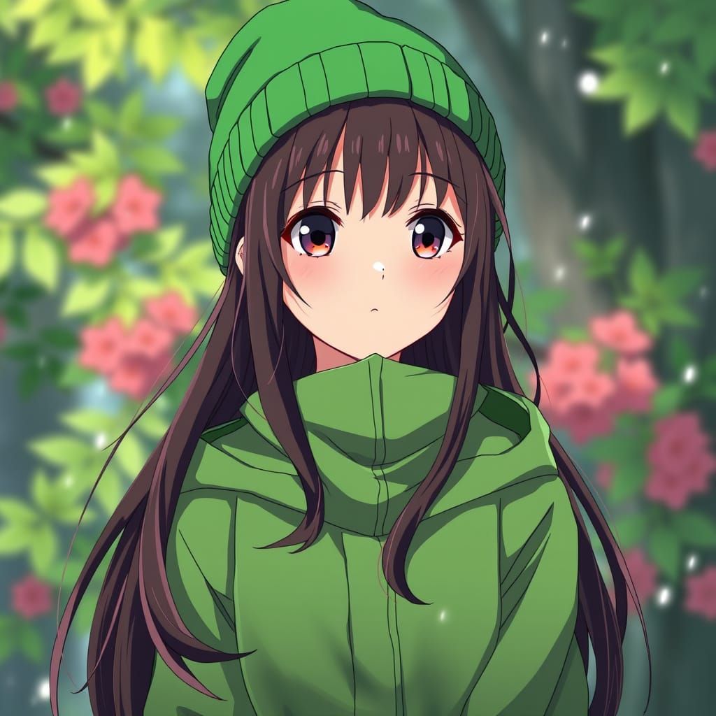 Girl in Anime-Inspired Studio Ghibli Style Wearing Green Rai...
