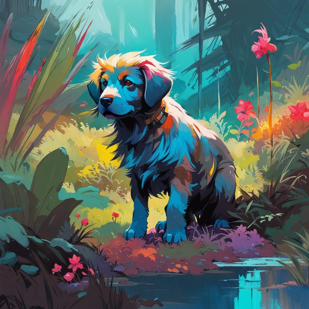 Mythical Puppy in Tropical Prairie: Liquid Gouache Painting