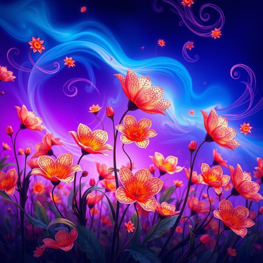 Dreamlike Floral Realm in Electric Blues and Radiant Oranges