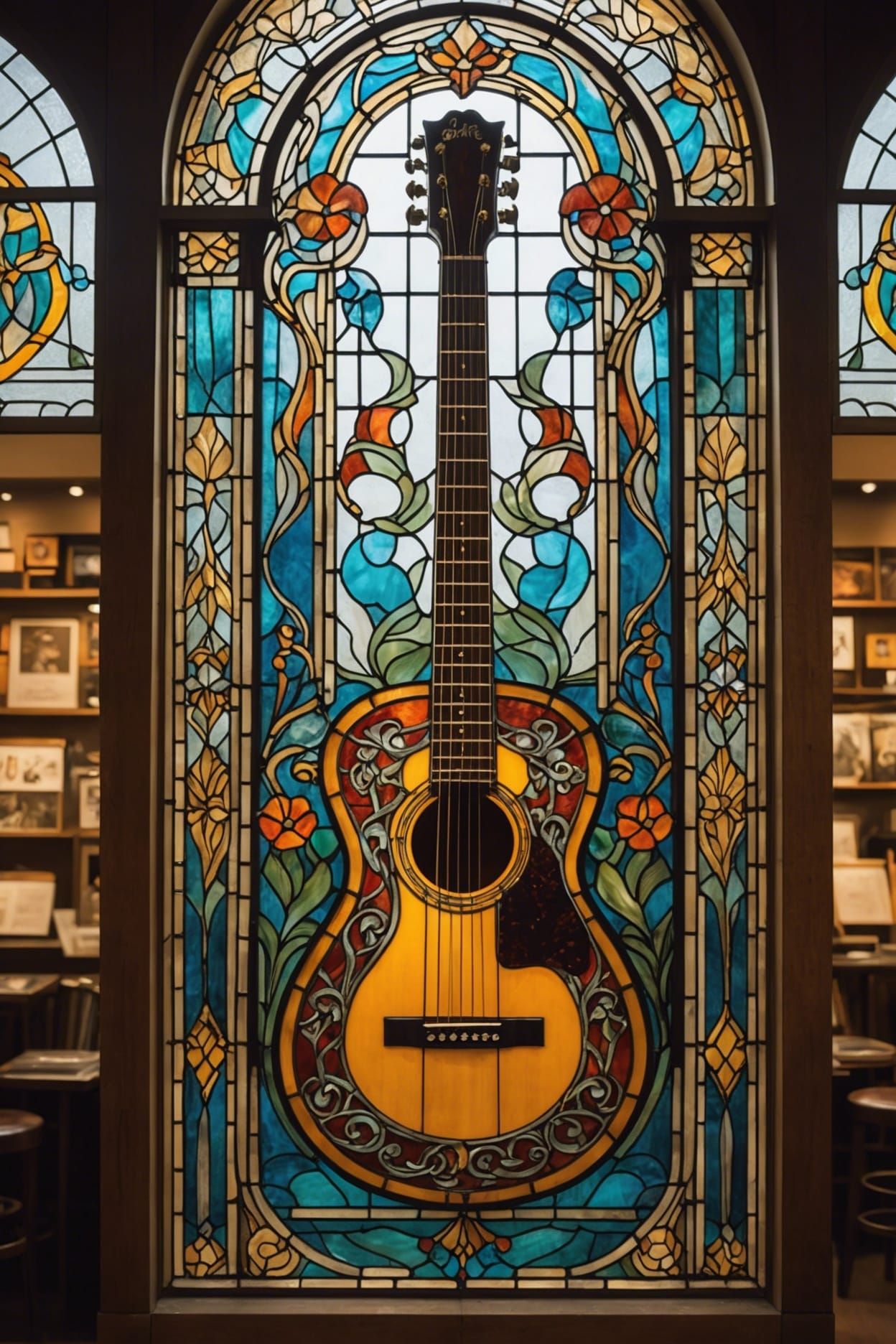 Stained Glass Guitar in Art Nouveau Style