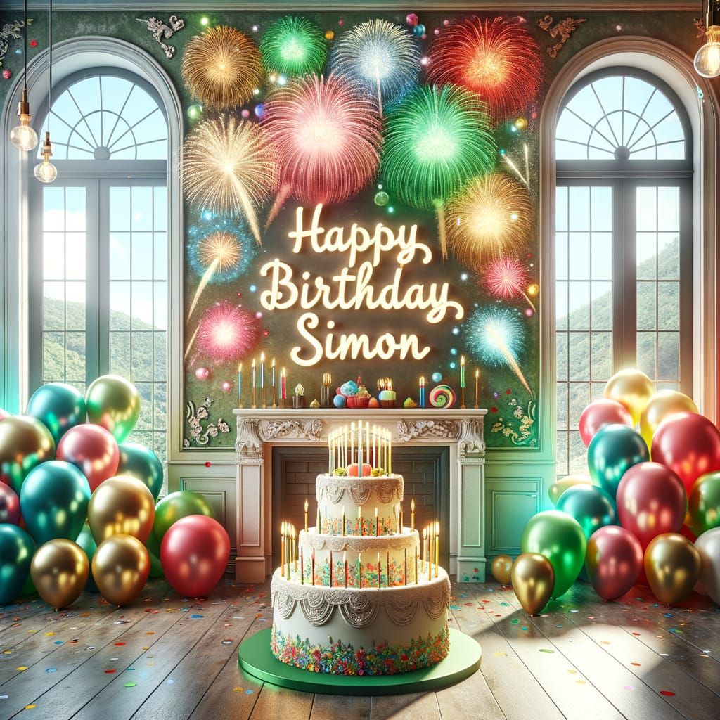Happy Birthday Simon: Festive Room with Cake & Fireworks