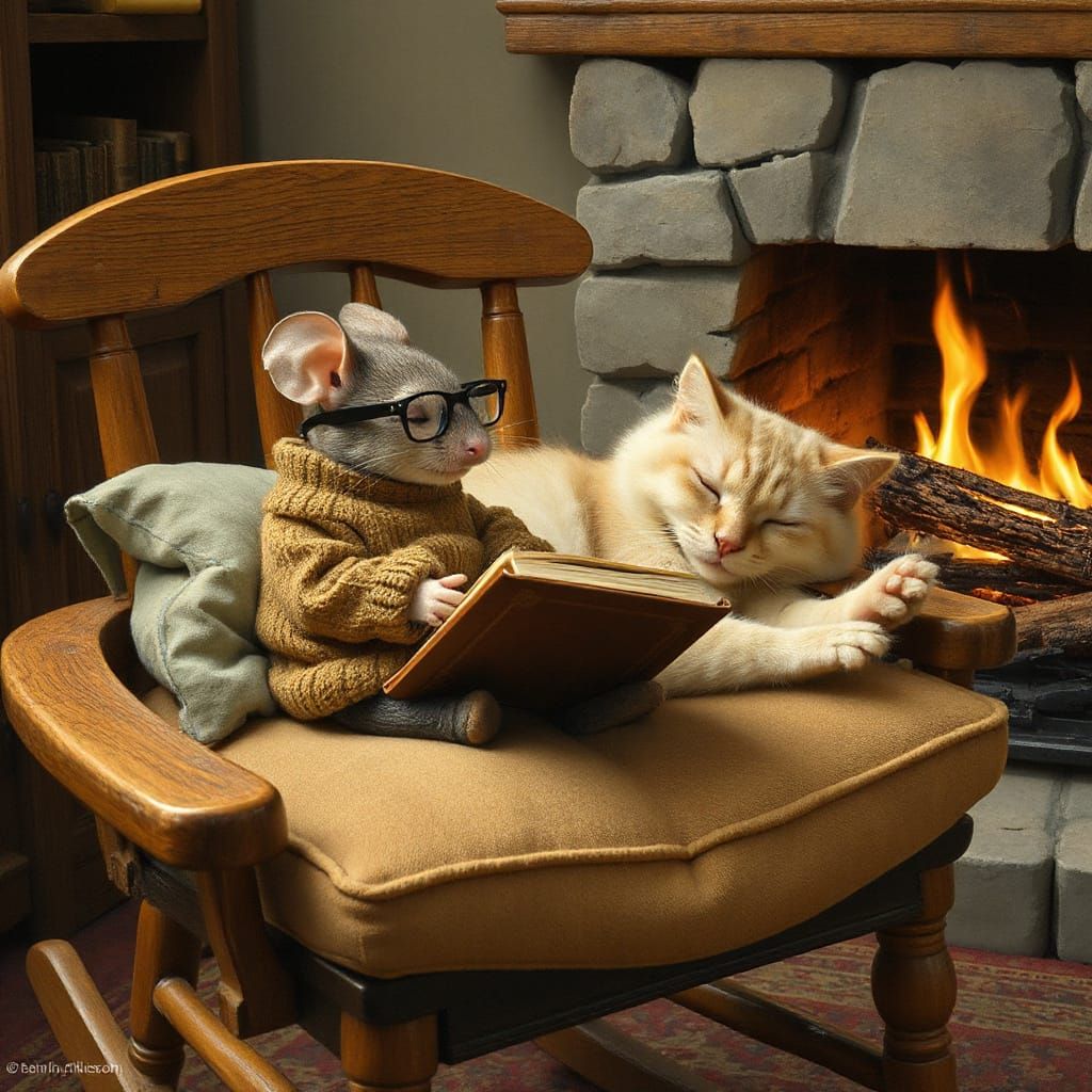 Mouse Reading on Cat in Cozy Interior