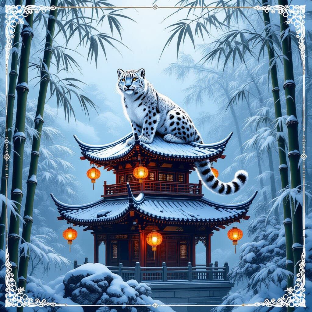 Snow Leopard on Pagoda in Frosted Bamboo Forest