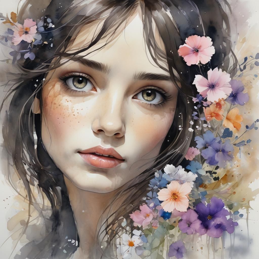 Dreamy Brunette in Flowing Watercolor Floral Art