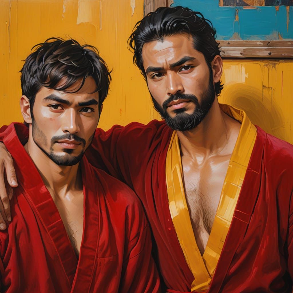 Neo-Expressionist Portrait of Diverse Men in Red Velvet Bath...