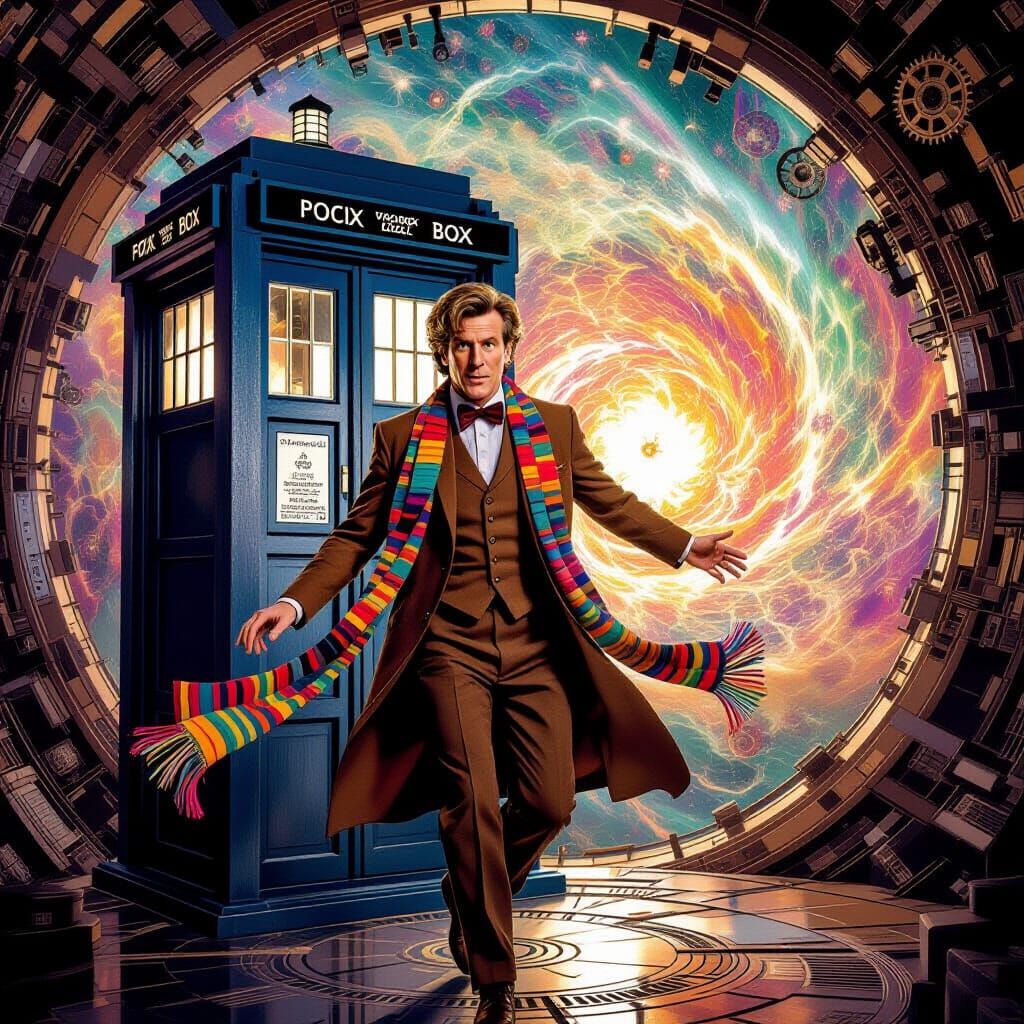 Doctor Who Enters the Time Vortex in Retro-Futuristic Style