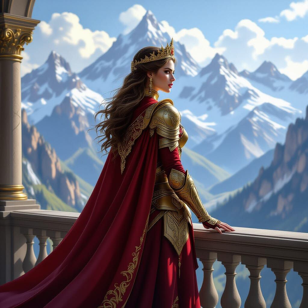 Regal Queen in Golden Armor Surveys Mountain Kingdom