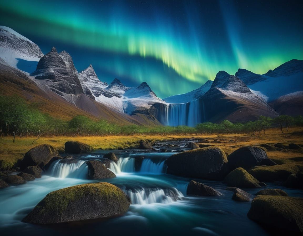 Luminous Tropical Mountainscape with Rare Foliage and Irides...