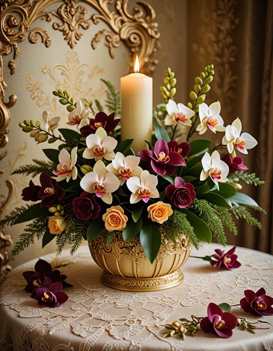 Elegant Rococo Floral Masterpiece in Golden Ornate Basket