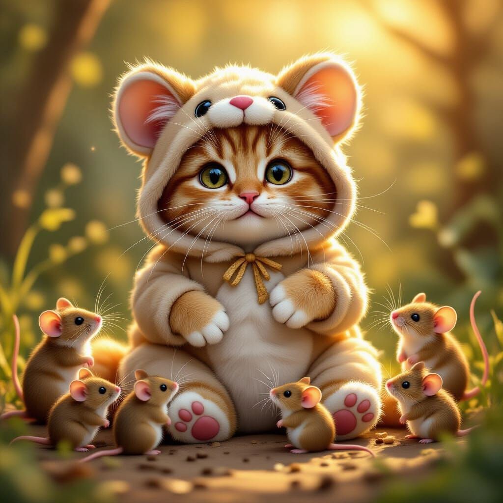 Ginger Cat in Mouse Costume Whistles with Mice