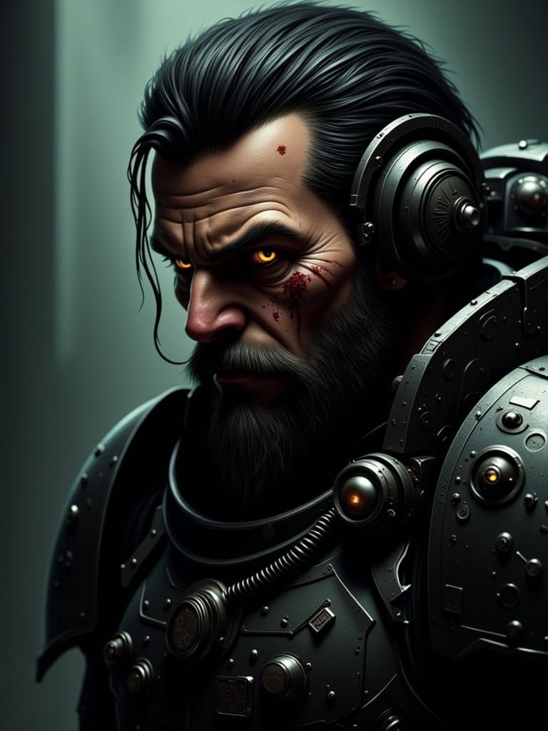 Grizzled Space Mercenary in Cyberpunk Cel-Shaded Style