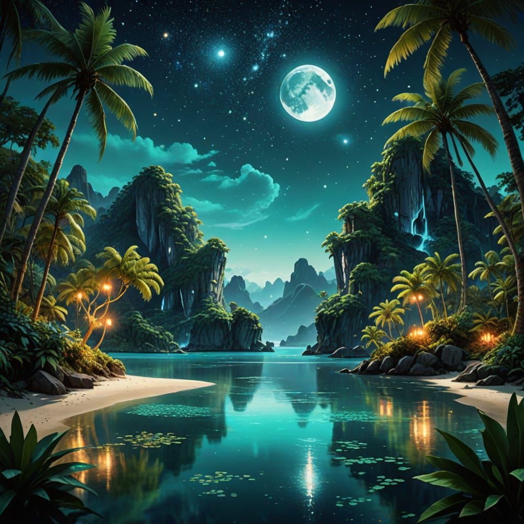 Lavish Digital Painting of Tranquil Island Oasis Under Moonl...
