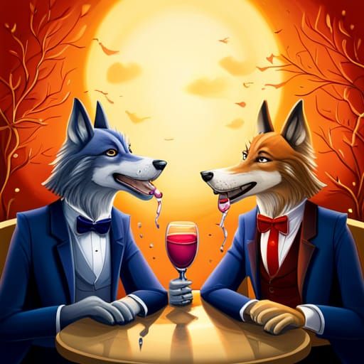Romantic Wolves in Tuxedos: Hyperrealistic Restaurant Scene