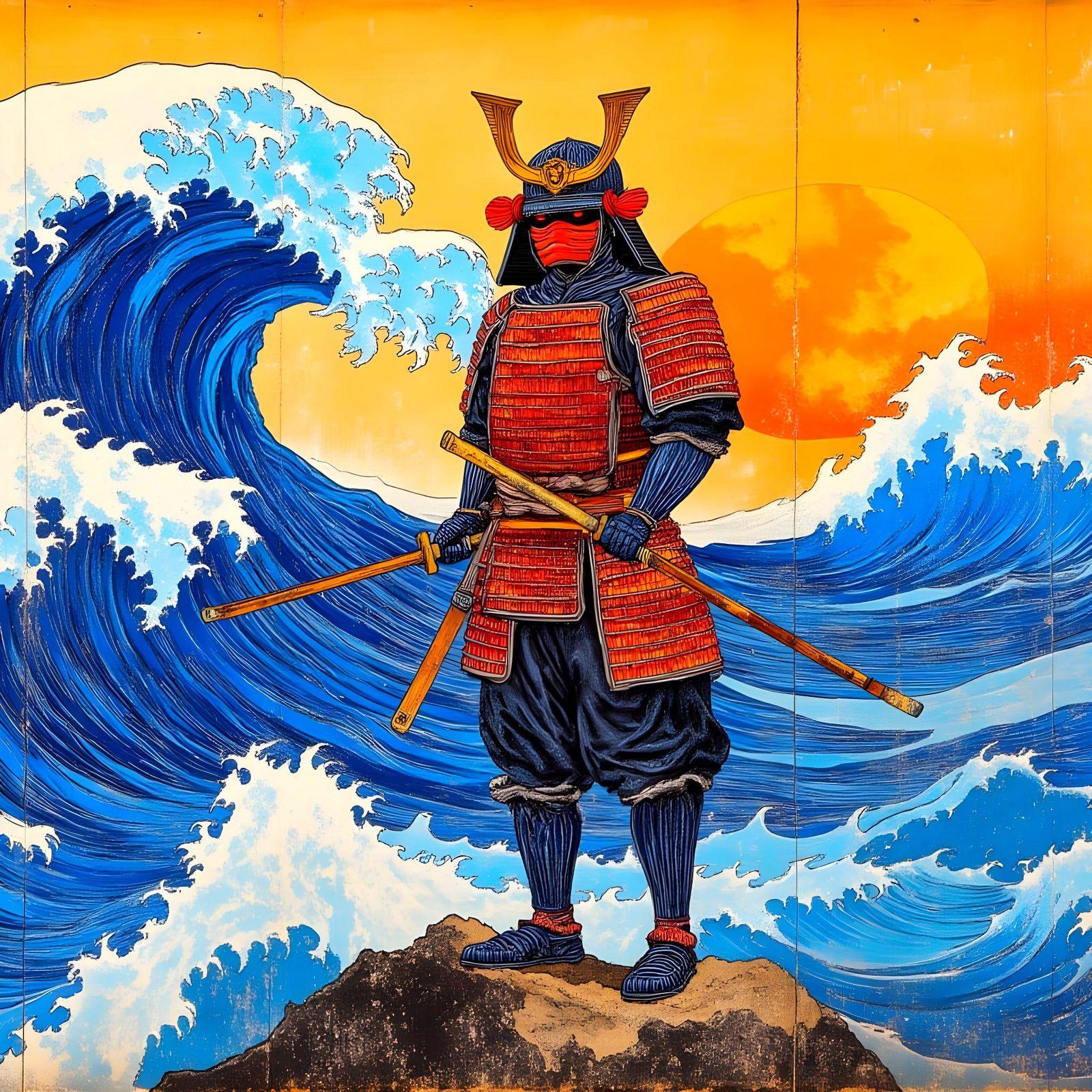 Samurai Warrior Amidst Waves: Ukiyo-e Style