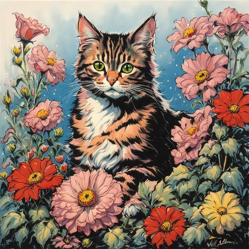 Cat on Pillow with Flowers in Comic Book Style