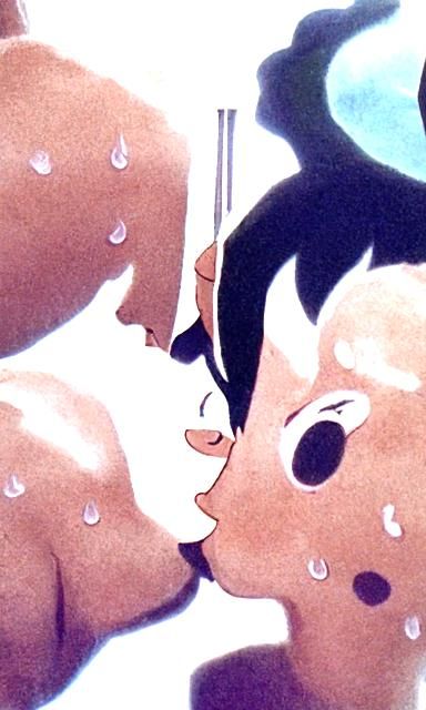 Two Boys Kissing in Vintage Anime Style