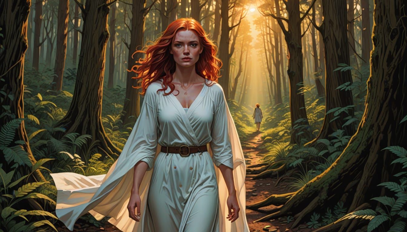 Red-Haired Girl in Forest, Comic Book Art