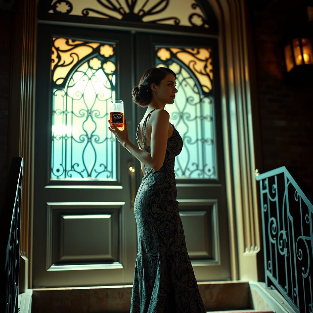 Art Deco Woman with Whiskey in Film Noir Scene