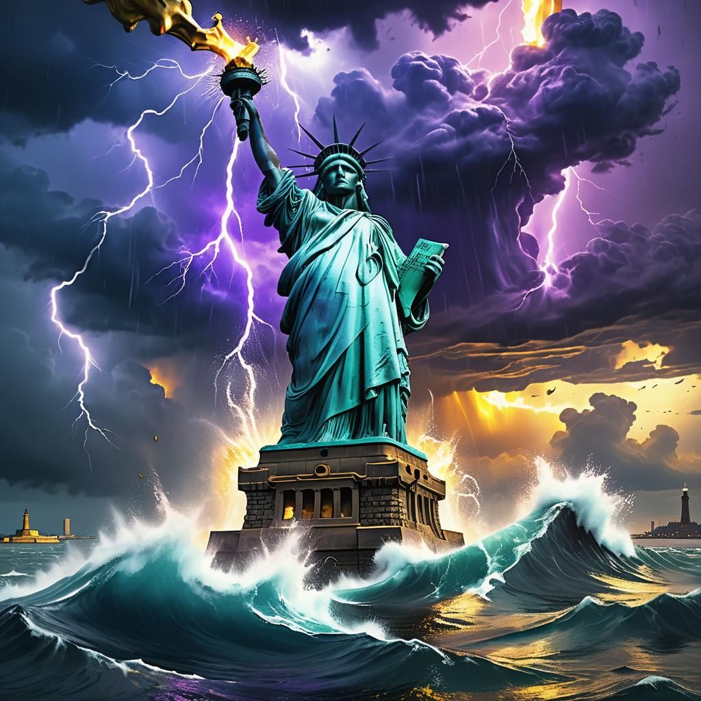 Statue of Liberty Sinking into Stormy Sea