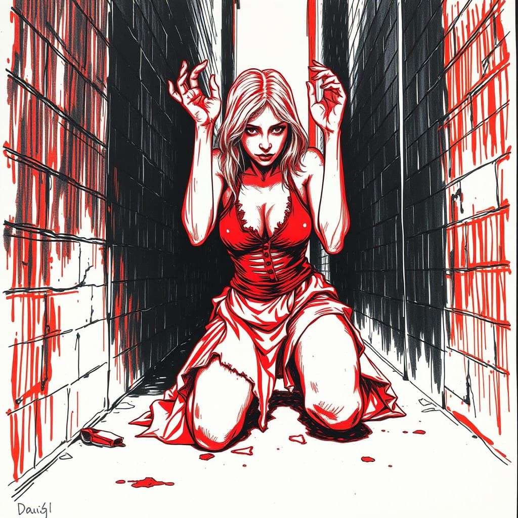 Lady in Alleyway, Bruised and Defiant in Bold Red Ink
