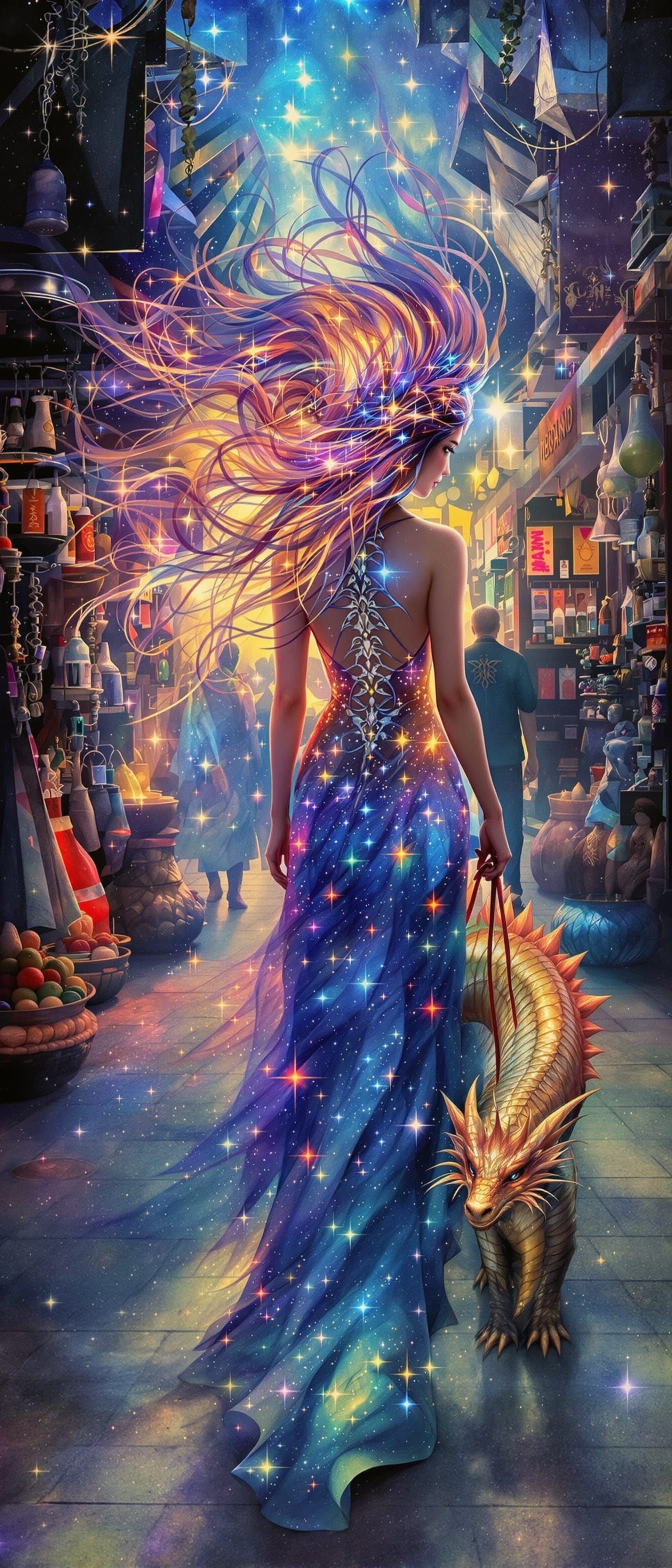 Ethereal Woman Walks Intergalactic Bazaar