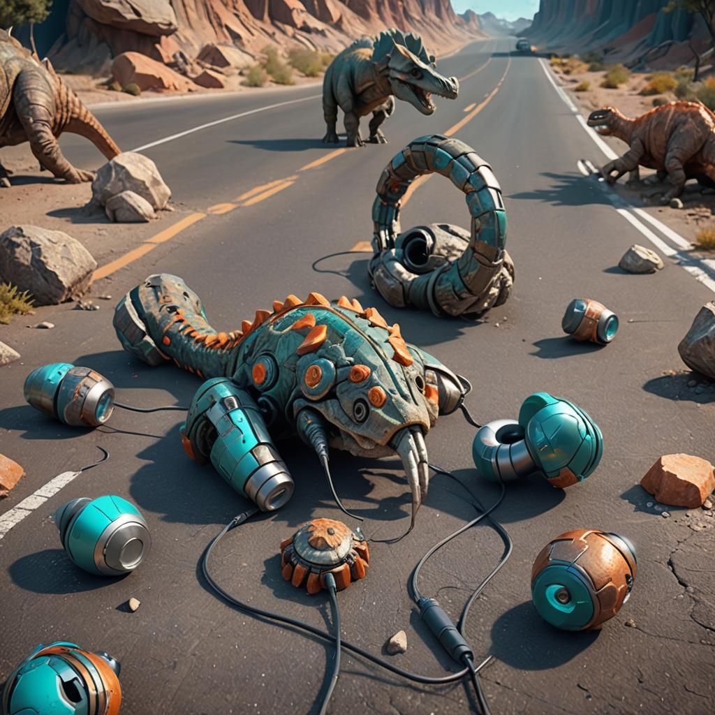 Dinosaur-Sized Earbuds on Fossil Road: Sci-Fi Concept Art