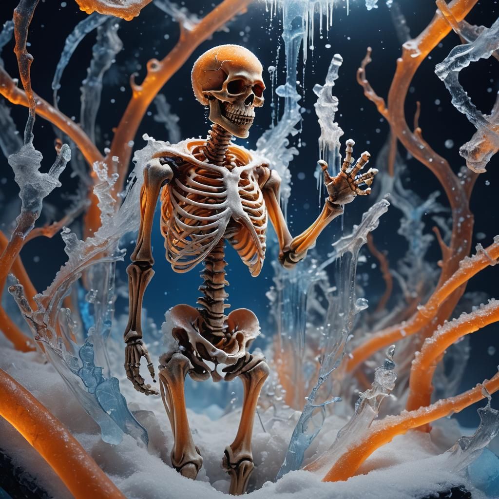 Orange Skeleton Frozen in Icy Tube