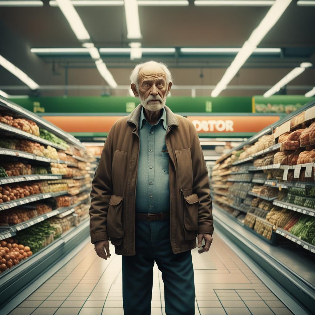 Old Man's Empty Pockets in Supermarket