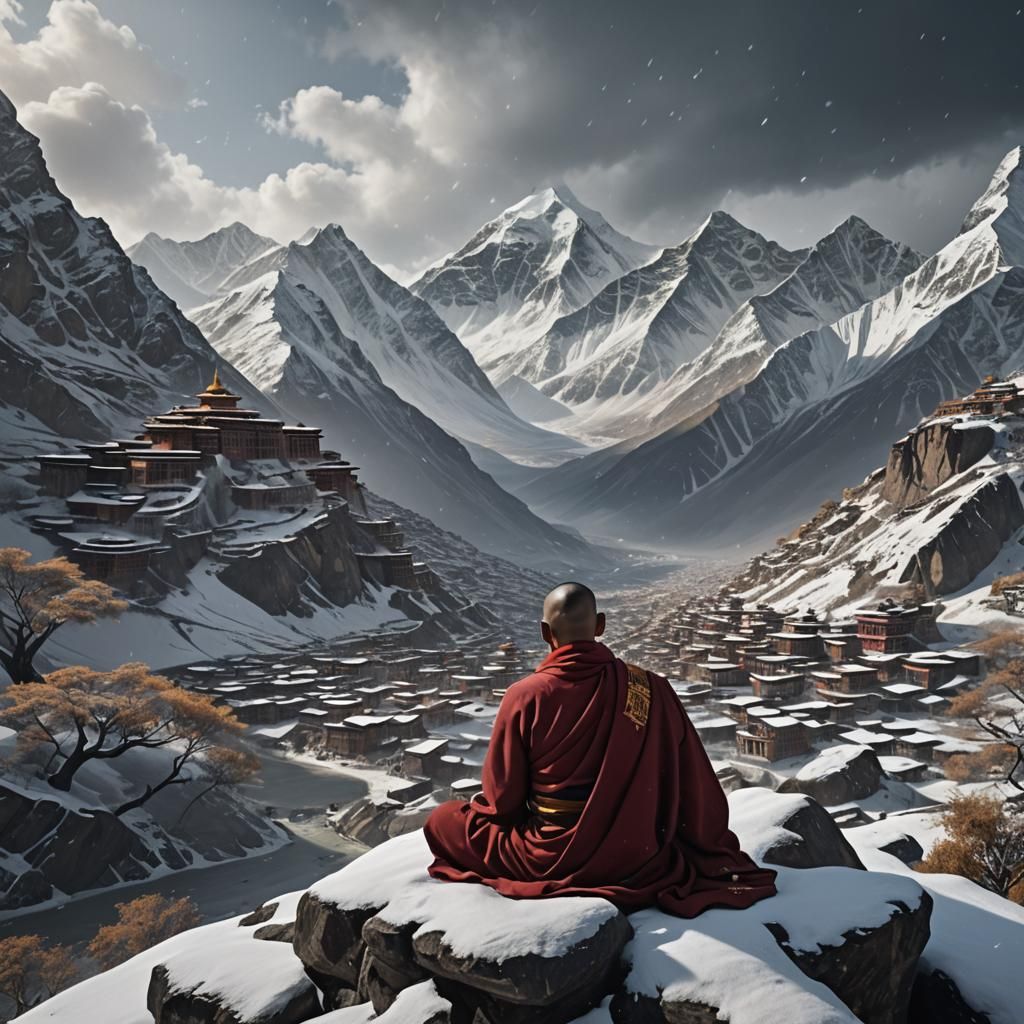 Tibetan Monk Meditating in Himalayas: Fantasy Concept Art