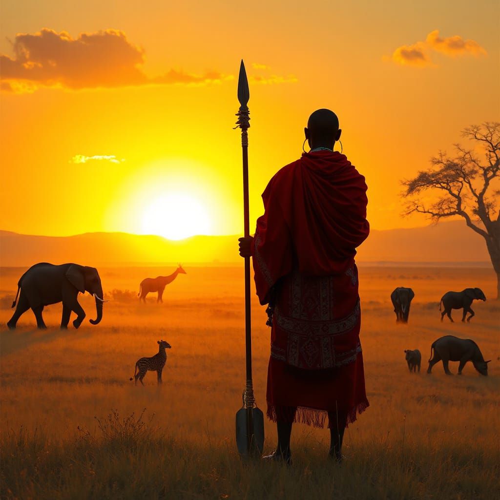 Maasai Warrior in Golden Savanna, Painterly Style
