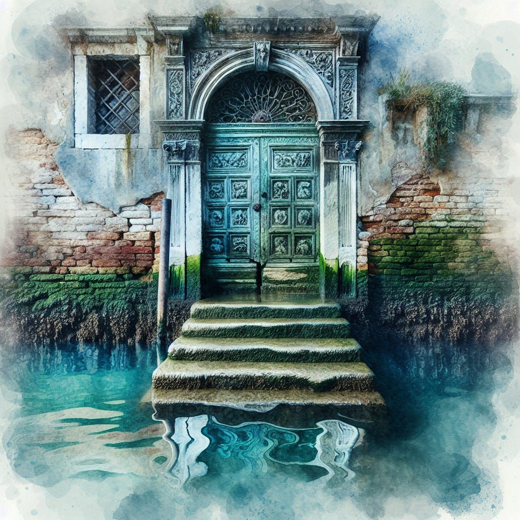 Venetian Door and Water, Watercolor Painting