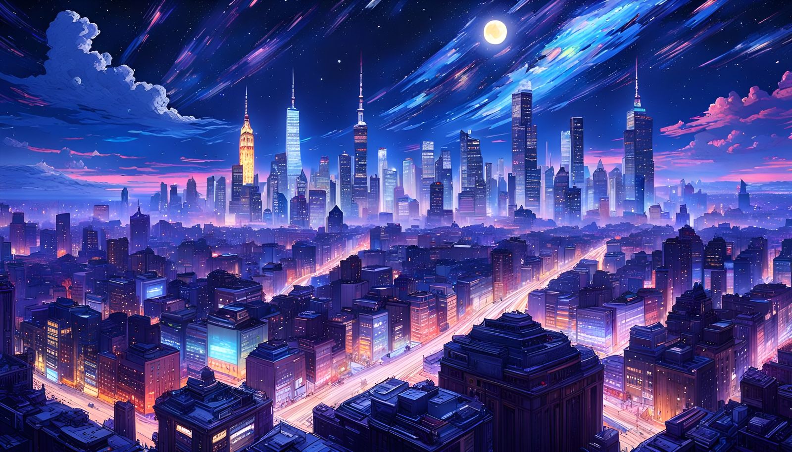 Vibrant Cityscape Under Starry Night Sky