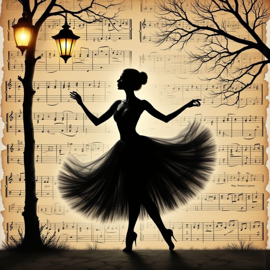 Ballerina Dancing in Sepia Collage Style