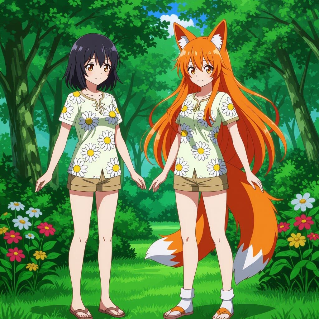 Anime Women with Fox Features and Matching Outfits