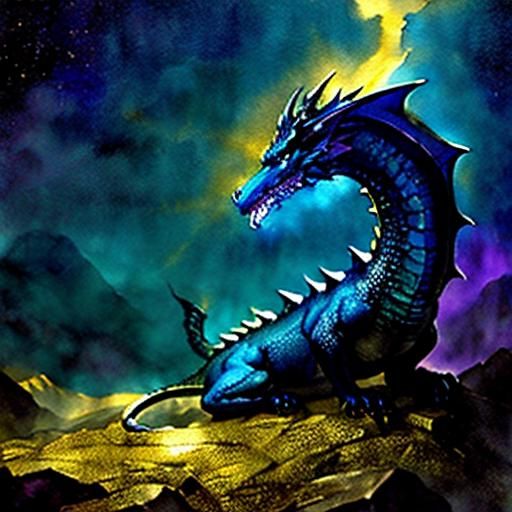 Sapphire Dragon on Gold Pile: Watercolour Illustration