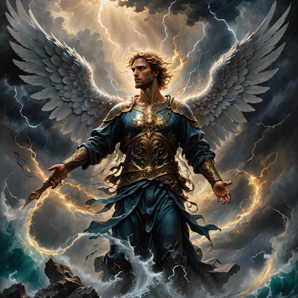Angel of Light Amidst Chaos in Oil Painting Style