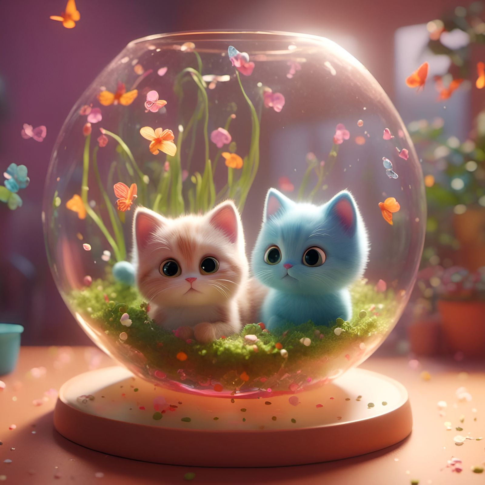 Cute Kittens in Terrarium: 3D Digital Art