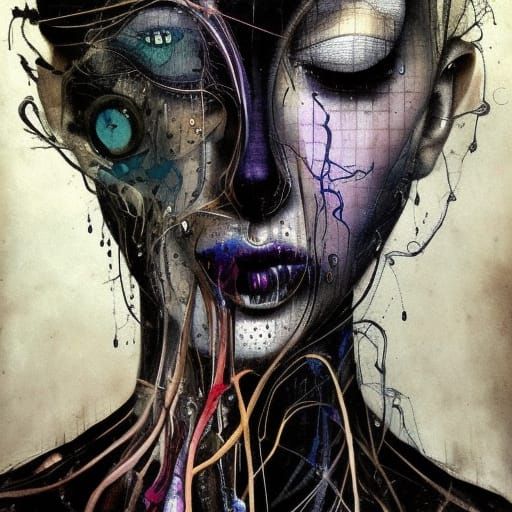 Geometric Woman Portrait as Digital Art with Ink Drips