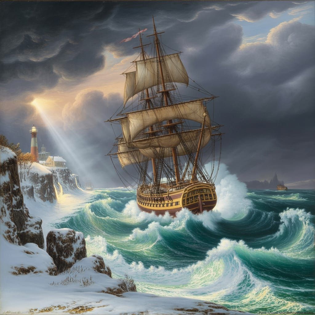 Tall Ship in Blizzard: A Turner-esque Oil Painting